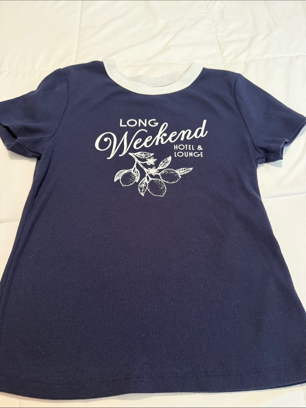 Navy "Long Weekend" Graphic Ringer Tee. Women’s Size Medium.